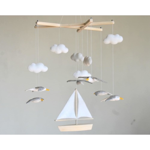 Handmade Seagull & Sailboat Mobile: Coastal Nursery Decoration