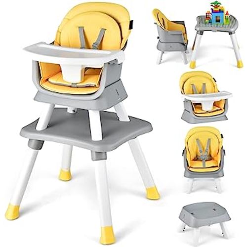 HONEY JOY 8 in 1 Baby High Chair, Convertible Highchair for Babies and Toddlers/Table and Chair Set/Building Block Table/Booster Seat/Stool/Toddler Chair with Safety Harness(Yellow)