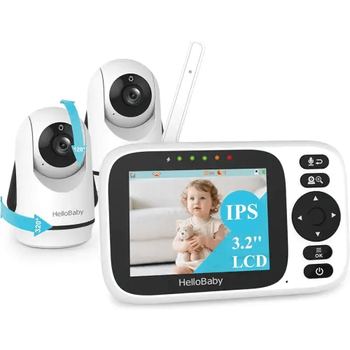 HelloBaby Baby Monitor 2 Cameras,Video Baby Monitors No WiFi with 3.2'' IPS Screen, Remote Pan-Tilt-Zoom Baby Camera Monitor,Plug&Play,Night Vision,1000ft,2-Way Talk, Temperature Display,ECO/VOX Mode
