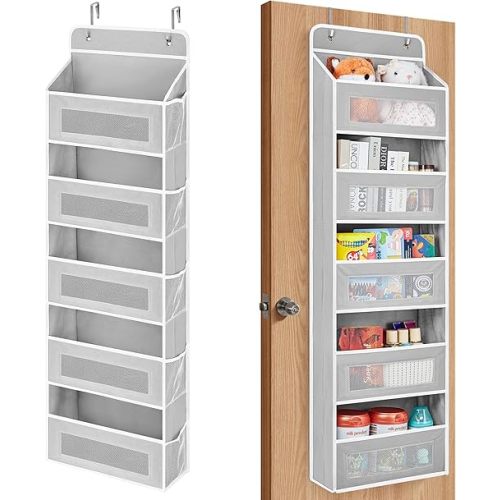JARLINK Over The Door Organizer, 5 Shelf Door Hanging Organizer with 5 Large Pockets, 44 lbs Weight Capacity Hanging Storage for Bathroom, Bedroom, Nursery, RV, Pantry (Light Grey)