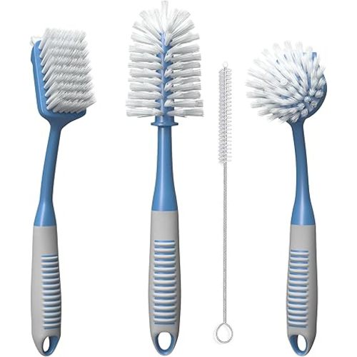 Dish Brush Set of 4 with Bottle Water Brush, Dish Scrub Brush, Scrubber Brush and Straw Brush - Kitchen Scrub Brushes Ergonomic Non Slip Long Handle for Cleaning Cleaner Wash Dish Sink Dishes Cup Pot