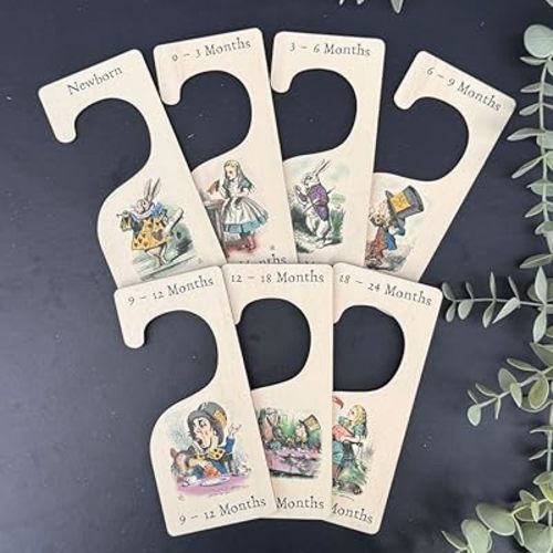 Alice in Wonderland Nursery Hangers x 7, Wooden Baby Clothes Dividers Coloured, New Born Gift, Baby Shower Keepsake, Wood Baby Keepsake