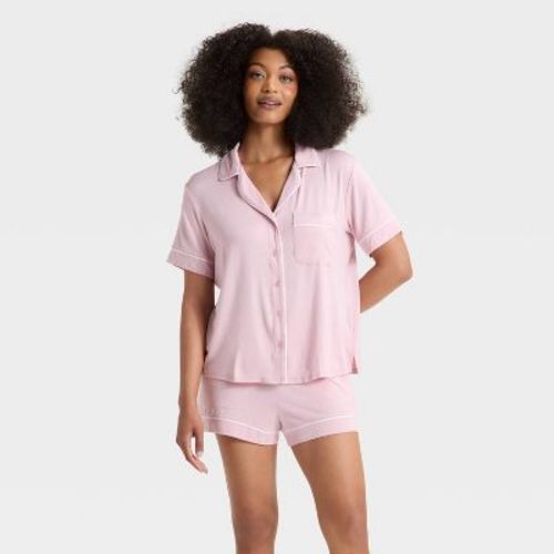 Women's Cloud Knit Short Sleeve Notch Collar Shirt And Shorts Pajama Gift Set - Auden™ Coral Red M