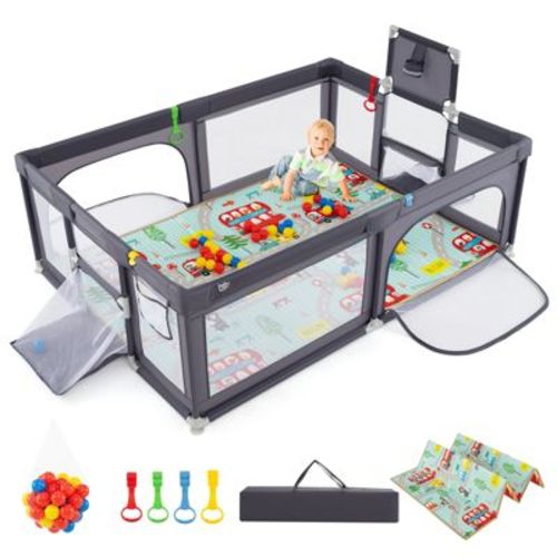 Safstar Large Baby Playpen w/Mat, Basketball Hoop, Soccer Nets, Pull Rings & Ocean Balls, Baby Activity Center with Zippered Doors