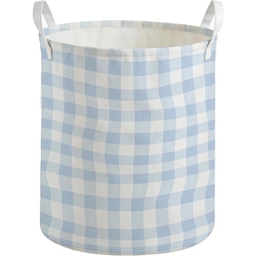 Blue Gingham Laundry Basket, Blue and White Plaid Laundry Hamper for Boys Girls Room, Waterproof Clothes Toys Storage Bin Organizer for Kids Bedroom Playroom Nursery