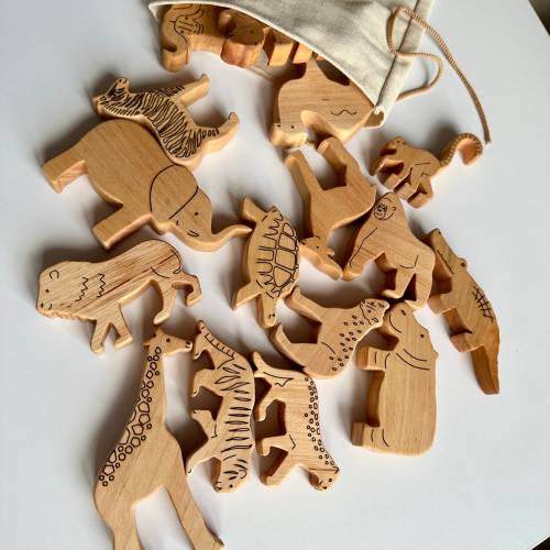 16 pcs Wooden Safari animals, African animals figurines, Savannah animals, Wooden animals elephant, giraffe figure, Wooden animals toy set