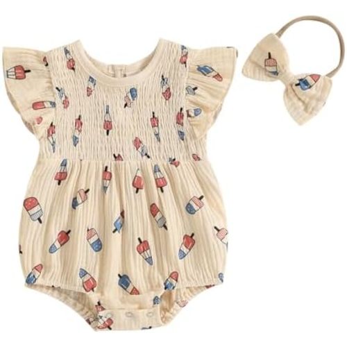 Newborn Baby Girl Clothes Ruffle Sleeve Solid Smocked Bubble Romper Jumpsuit Bow Headband Cute Summer Clothes