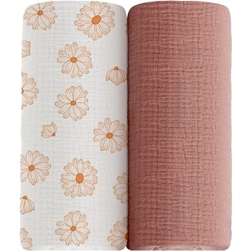 meowcards Muslin Swaddle Blankets for Baby, Unisex Baby Boys Girls Essentials, Large 47 x 47 inches, Boho Receiving Blankets Newborn Registry Must Haves (Dusty Rose-Flower-A, Printed-2Pack)