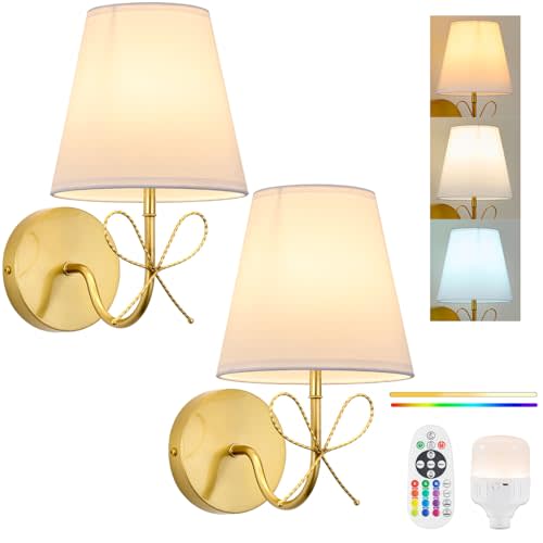 PASSICA DECOR Bow Wireless Battery Operated Wall Sconce Set of 2, Rechargeable Dimmable LED Lights with 15 Colors, Timer, Remote Control,Bow Lamp for Girls or Kids Rooms,Bedroom Living Room