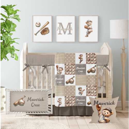 Teddy Bear Sports Crib Bedding Set, Baseball Nursery Decor, Vintage Teddy Bear, Personalized Baby Shower Gift