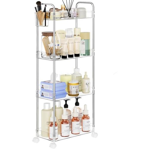 SPACEKEEPER 3 Tier Acrylic Storage Rolling Cart Clear Bathroom Cart Organizer, Transparency Laundry Room Organization Mobile Shelving Unit Multifunction Rolling Utility Cart for Office Living Room