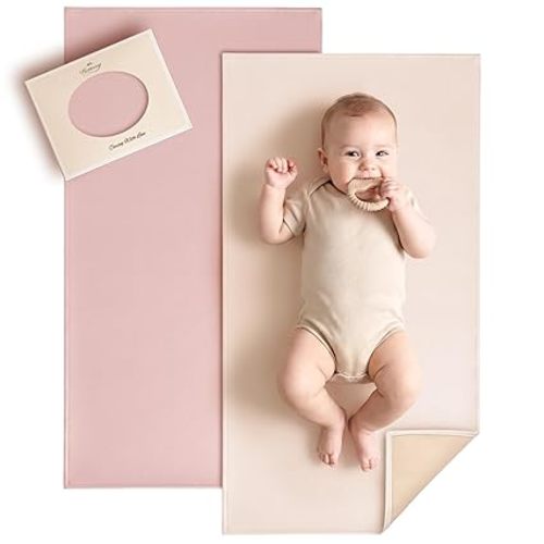 Konssy Faux Leather Baby Changing Mat, Waterproof, Wipeable & Portable Diaper Changing Pad for Travel or Home, Fits Perfectly in Diaper Bag, 30 x 17 inches (Fog Green,Beige)