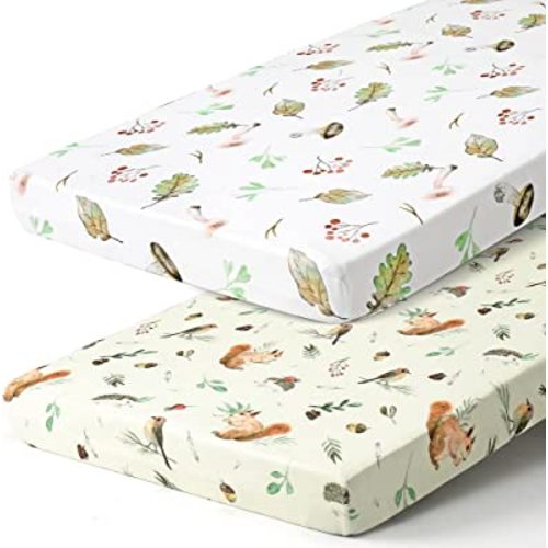 Pack n Play Sheets, BROLEX 2 Pack Mini Crib Sheets,Stretchy Portable Fitted Playard Sheet Set, Convertible Playard Mattress Cover,Ultra Soft Breathable Material,Squirrel Mushroom