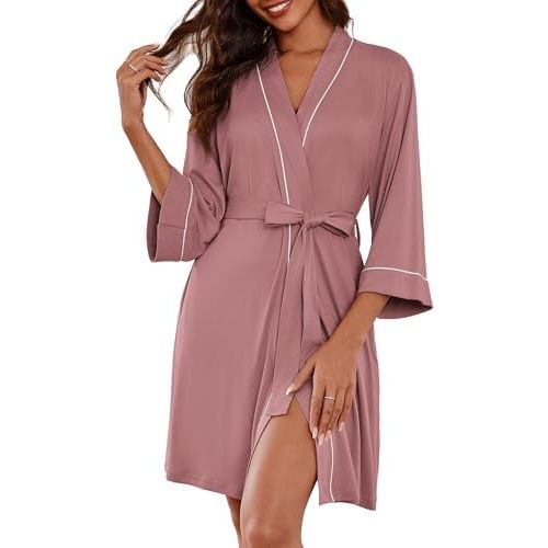 Ekouaer Women Kimono Robes Knee Length Knit Bathrobe Lightweight Soft Sleepwear V-neck Casual Ladies Loungewear