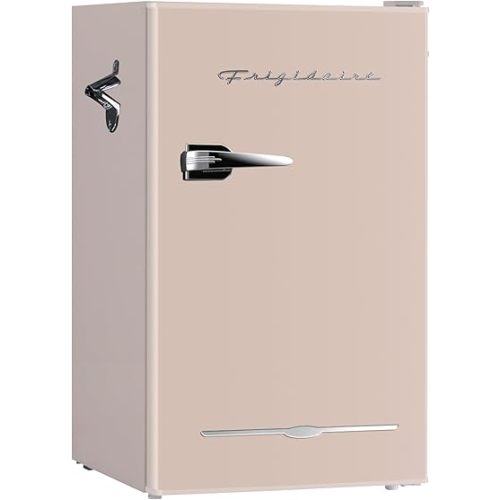 Frigidaire Retro Compact Fridge with Chiller, 3.2 cu ft Countertop Fridge with Built-In Bottle Opener, Compact Refrigerator for Office, Bedroom, Dorm Room or Cabin - 16.5" D x 19" W x 31" H (Coral)