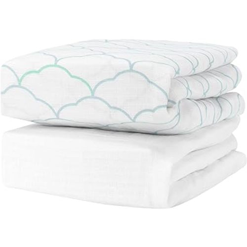 Newton Baby Organic Fitted Crib Sheets - 100% Breathable and Ultra-Soft, 100% Organic Muslin Cotton, Dreamweaver Print in Moonstone Mist + Solid White, Fits All Standard Cribs