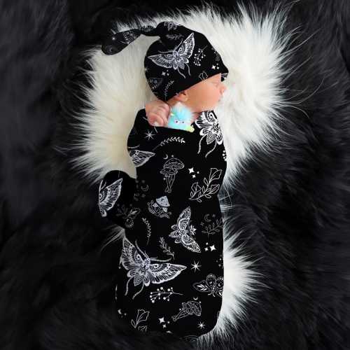 Black Moth Swaddle Blanket, Goth Baby Swaddle, Witchy Luna Moths Blanket + Headband or Hat, Heavy Metal Baby, Oversized Swaddle Blanket