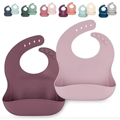Waterproof Silicone Bib Set with Adjustable Neck Closure - Durable Silicone Bibs for Babies - Set of 2