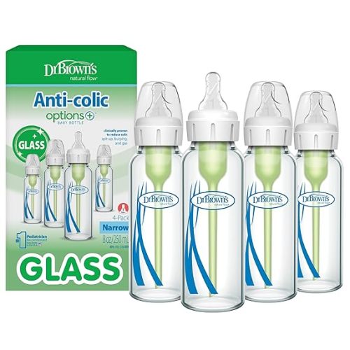 Dr. Brown's Anti-Colic Options+ Narrow Glass Baby Bottle with Level 1 Slow Flow Nipple, BPA-Free, 8 oz/250 mL, 0m+, 4-Pack (Packaging May Vary)