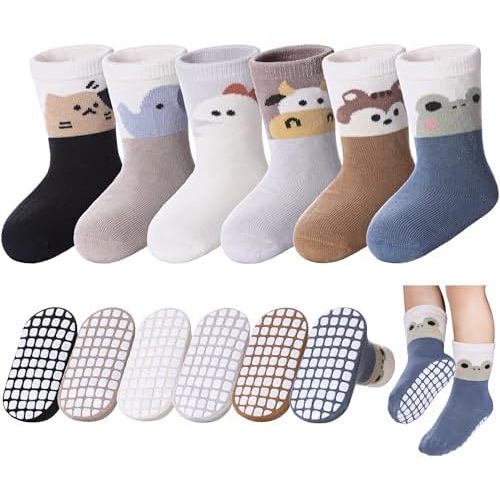 Baby Toddlers Non Slip Socks with Grippers Cotton Crew Gift Grips Socks for Kids Boys Girls 6 Pairs