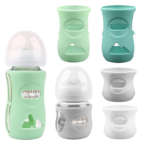 Silicone Sleeves for Avent Glass Natural Baby Bottle,4 Pack Bottles Shatter Proof Bottle Covers,Anti Flow Holder Compatible Baby Bottle 4 oz & 8 oz,BPA Free(Grey+White+Blue+Green) - Gery+Blue+Green+White - 4 Ounce + 8 Ounce