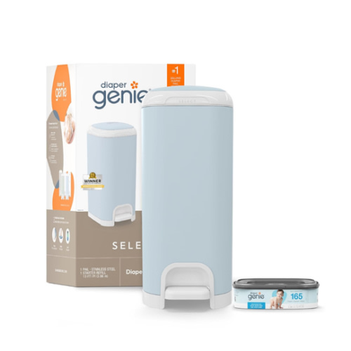 Diaper Genie Select Pail (Blue) is Made of Durable Stainless Steel and Includes 1 Starter Square Refill That can Hold up to 165 Newborn-Sized Diapers.