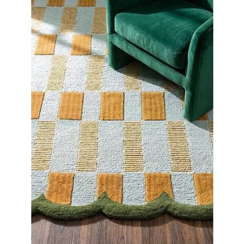 Hand-Tufted Scalloped Wool Area Rug, Modern Plaid Checkered Pattern, Soft & Durable Cozy Accent Rug for Living Room, Bedroom & Nursery, Handmade Decorative Floor Carpet (Light Blue, 5' x 8')