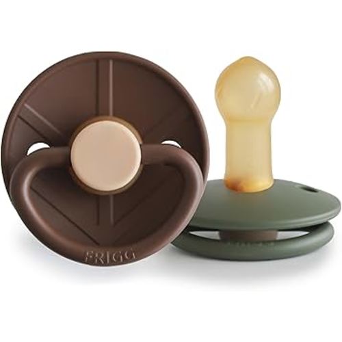 FRIGG Little Viking Natural Rubber Baby Pacifier 2-Pack | Made in Denmark | BPA-Free (Cocoa/Olive, 6-18 Months)
