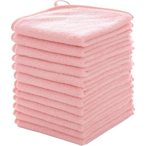MUKIN Baby Washcloths Set - 12 Pack 12x12 Inches Microfiber Coral Fleece Face Towel for Newborns, Infant, Toddlers or Kids. Ultra Soft and Absorbent wash Cloth for Baby (Pink)