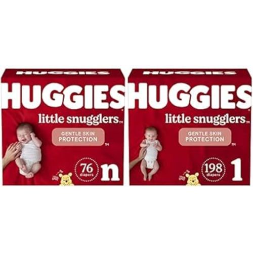 Baby Diapers Bundle: Huggies Little Snugglers Diapers Size Newborn (up to 10 lbs), 76ct & Size 1 (8-14 lbs), 198ct