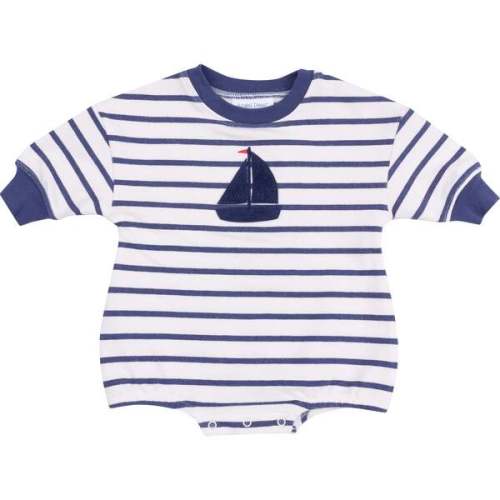 French Terry Sweatshirt Bubble with Sailboat Applique - Navy Stripe, Navy - Angel Dear | Maisonette