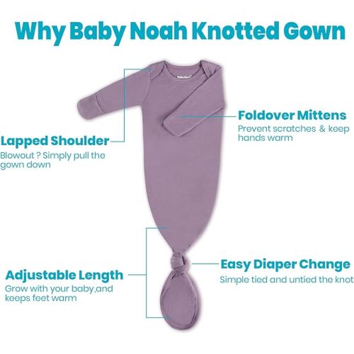 2Pk Newborn Baby Knotted Gown, Super Soft Silky Infant Long Sleeve Sleeper for Baby Sleeping with Hat or Headband (2 Packs) - Blue Green+lavenpurple - 0-3 Months