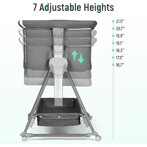 Cowiewie Bassinet Bedside Sleeper, Baby Bassinet with 7 Adjustable Height, Bedside Bassinets for Baby with Breathable Mesh Sides & Mattress, XL Storage, Easy Folding Baby Crib (Pyramid Dark Gray)