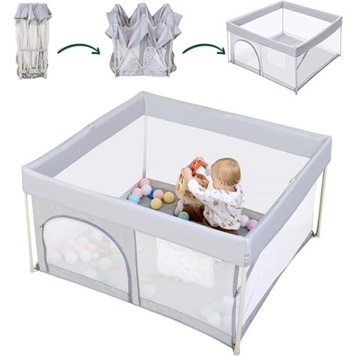 BABELIO Foldable Baby Playpen 50" × 50", Portable Playard for Babies and Toddlers, No Assembly Required, Indoor & Outdoor Kids Safety Play Pen Area, Travel Baby Fence, Grey