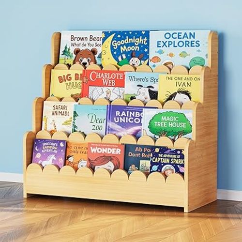 SpaceAid 4-Tier Scalloped Bookshelf, Montessori Bookcase for Toddlers, Wooden Book Shelf Organizer Display Furniture for Kids Rooms, Playroom, Nursery and Classroom, 29.6“ Wide, Natural