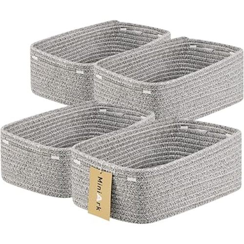 Shelf Storage Baskets for Organizing | Closet Organizer Bins | Small Toy Basket | Woven Rope Baskets | Cube Decorative Box | Shallow Basket | 13x8.5x5.1” | 4 Packs Mixed Grey