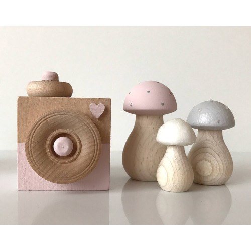 Baby Girl Nursery Decor . Nordic Kids Room . Wooden Toadstools & Camera Toy . Baby Girl Gift