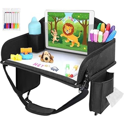 Kids Travel Tray for Car Seat, Toddler Road Trip Essentials With Drawing Kit, Travel Activities Must Haves (Black)