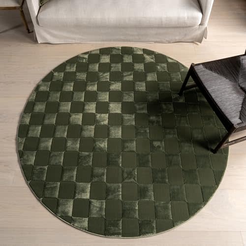 nuLOOM 6' Round SuperiorWash Indoor Area Rug, 100% Recycled PET, Machine Washable, Oeko-TEX Certified, Medium Pile, Pet-Friendly, Alaiya Checkered Green