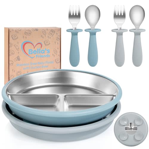 Bella's Friends Baby Feeding Set, 2 Pack Stainless Steel Divided Plate with Silicone Suction, 2 Set Spoons and Forks, BPA Free, Dishwasher Safe, Baby Led Weaning Supplies, Toddler Utensils, gray blue