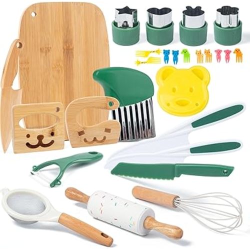 18 PCS Kids Cooking Sets Real, Montessori Kitchen Tools for Toddlers, Cooking & Baking Set for Kids Little Chefs, Toddler Knife Set, Crinkle Cutter, Cutting Board