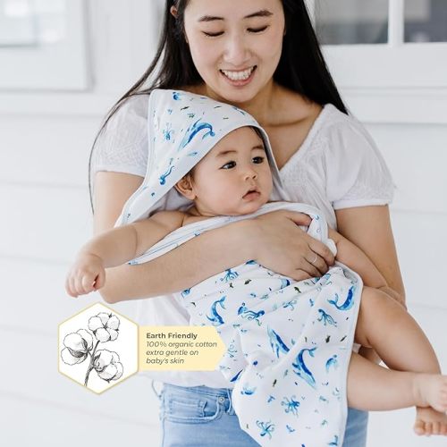 Burts Bees Baby Infant Hooded Towels Whale of a Tale Organic Cotton, Unisex Bath Essentials and Newborn Necessities, Soft Nursery Towel with Hood Set, 2-Pack Size 29 x 29 Inch