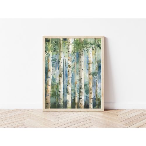 Watercolor White Birch Forest Wall Art, Forest Art, Nature Poster, White Birch Art, Cozy Cabin Decor, Lake House Decor