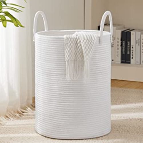 Woven Rope Laundry Hamper Basket by YOUDENOVA, 72L Tall Luandry Basket, Baby Nursery Hamper for Blanket Storage, Clothes Hamper for Laundry in Bedroom-Large-Pure White