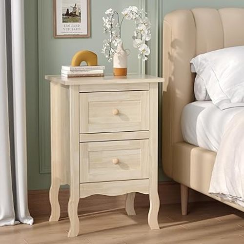 Bonnlo Solid Wood Nightstand Unfinished for Color DIY, Small Night Stand for Bedroom, Natural Wood Nightstand with Drawers, Light Wood Nightstand, Real Wooden Bed Side Table/End Table