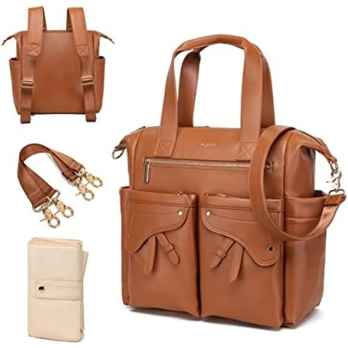 Leather Diaper Bag Backpack, Diaper Bag Tote Travel Tote Bags with Large Capacity and Multiple Pockets