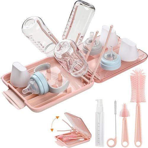 6 in 1 Bottle Cleaning Brush Set with Silicone Bottle Brush, Nipple Brush, Straw Brush, Soap Dispenser, Drying Rack for Baby Bottle and Water Bottle, Space Saving Baby Essentials for Home and Travel