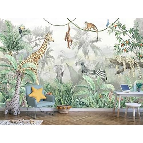 Kids Wallpaper Tropical Leves and Safari Animals Wall Mural for Wall Bedroom Living Room TV Background Sofa Wall(Not Peel and Stick)