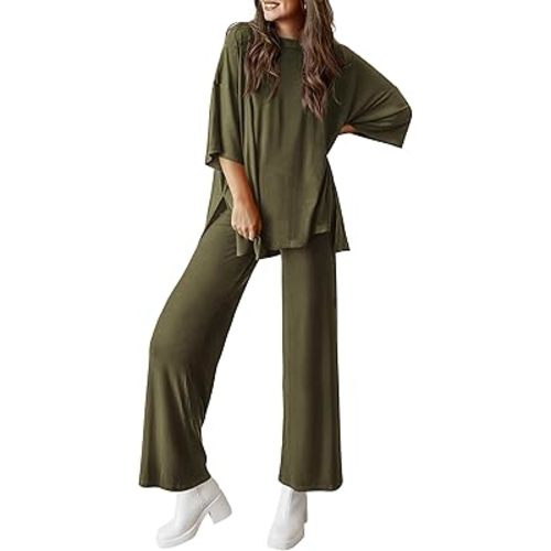 PRETTYGARDEN Women's 2 Piece Outfits Casual Short Sleeve Pullover Tops and Wide Leg Pants Lounge Sets Tracksuits