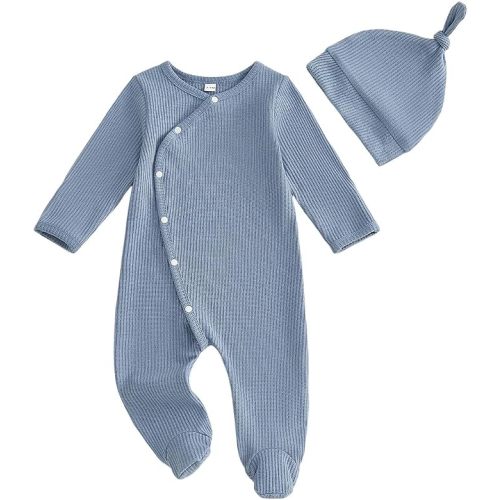 Kuriozud Newborn Baby Boy Going Home Outfit Kimono Romper with Mitten Cuffs | Kimono Footed Romper Jumpsuit with Mitten Cuffs Beanie Hat, Snap Closure, for Hospital, Coming Home, Shower Gift, Photoshoot